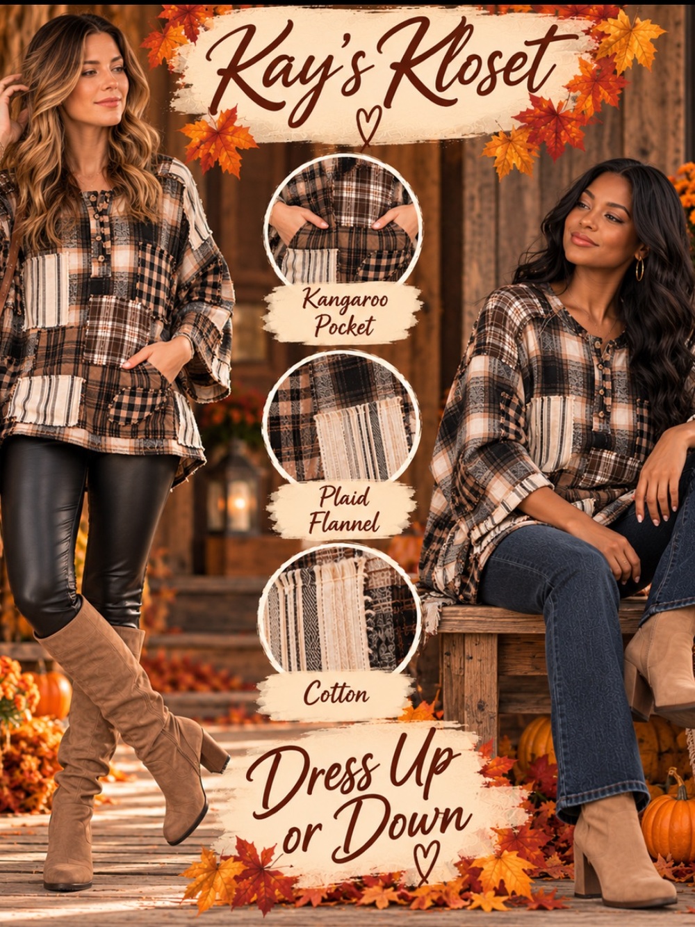 BW88-🤎🖤 Women's Plaid Flannel Hoodie - Brown/Black/Cream